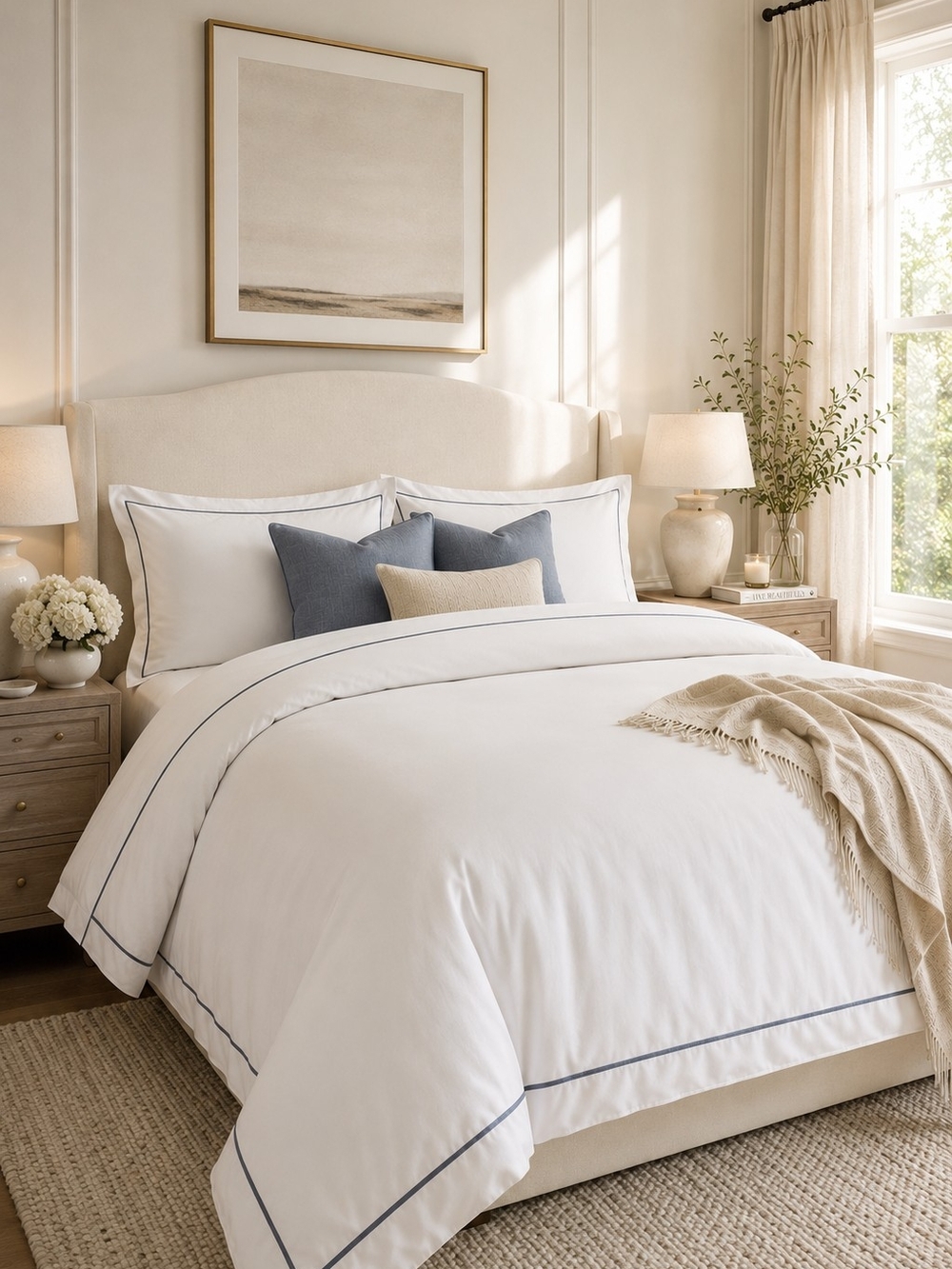 Quince Signature Giza Cotton Sateen Duvet Cover Set White/Mineral Full/Queen NWO